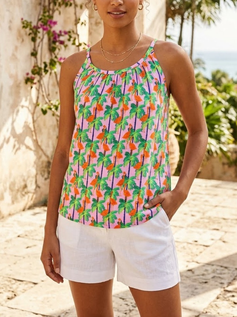 Bouffants & Broken Hearts 100% Linen Tropical Flamingo Palm Tree Topsz Small